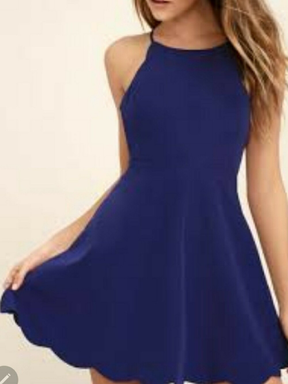 Lulu's Royal Blue Halter Skater Mini Dress Scalloped Edge Stretch Sz Small A17